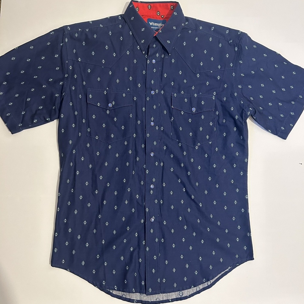 Wrangler Navy Blue Short Sleeve Pearl Snap Men Size Medium Aztec Southwest
